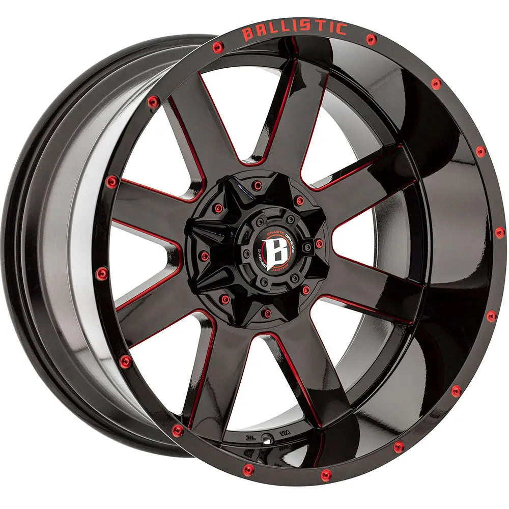 Ballistic 959 Rage 24x14 -81 8x170/8x6.5 Gloss Black/ Red Milled