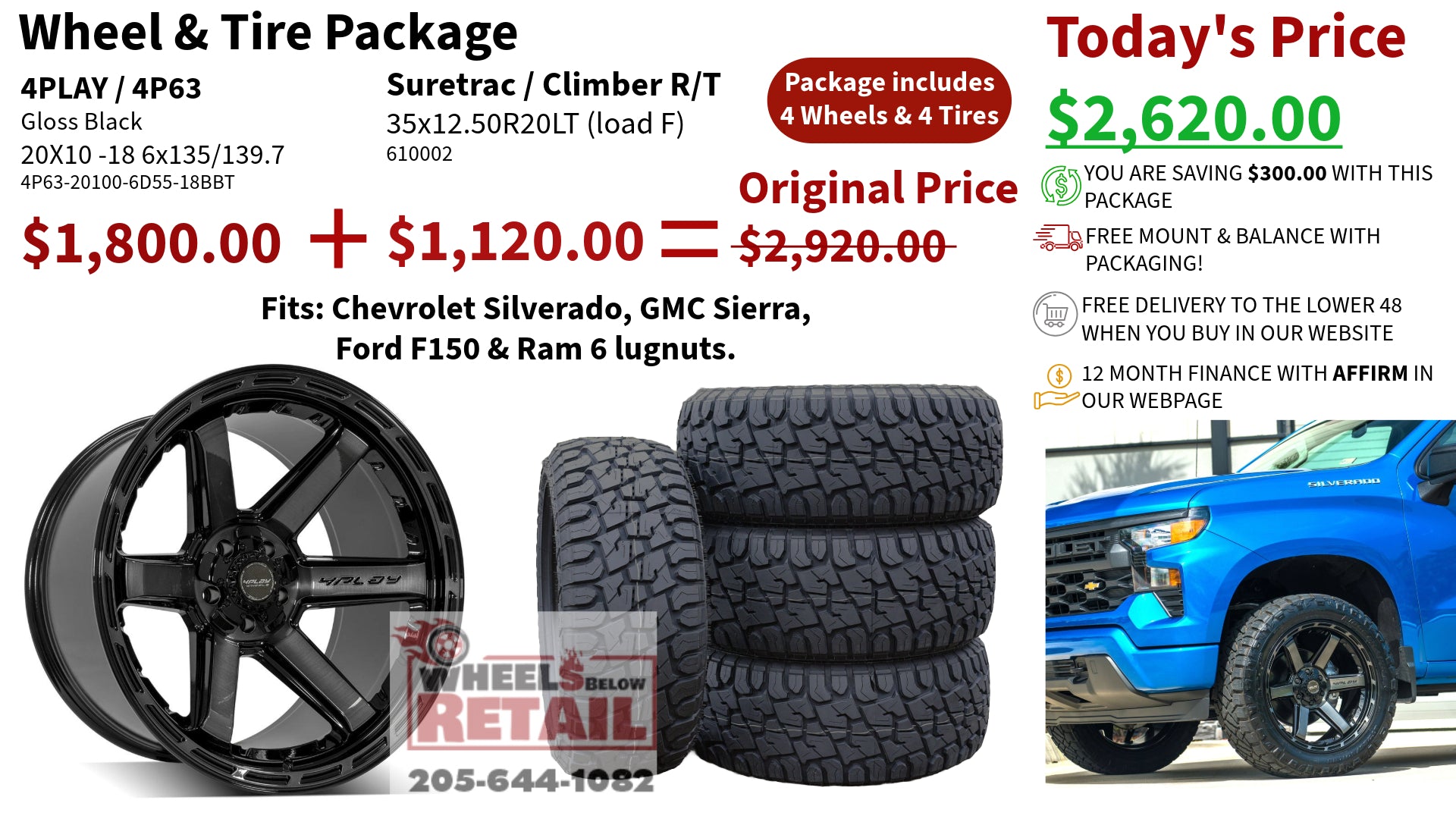 SET OF 4 WHEEL & TIRE PACKAGE | 4Play 4P63 20x10 -18 6x135/6x139.7 Gloss Black | 35x12.50R20 SureTrac Wide Climber R/T I