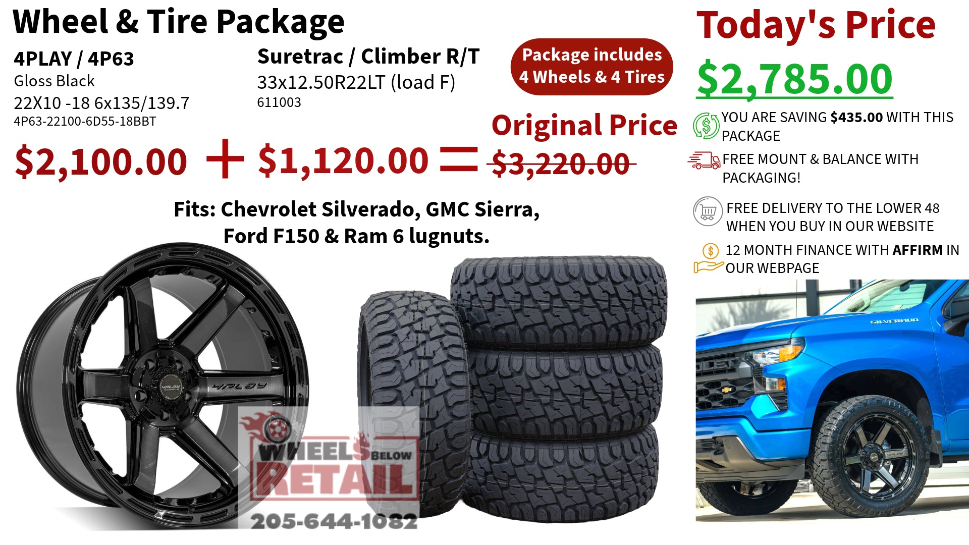 SET OF 4 WHEEL & TIRE PACKAGE | 4Play 4P63 22x10 -18 6x135/6x139.7 Gloss Black | 33x12.50R22 SureTrac Wide Climber R/T I