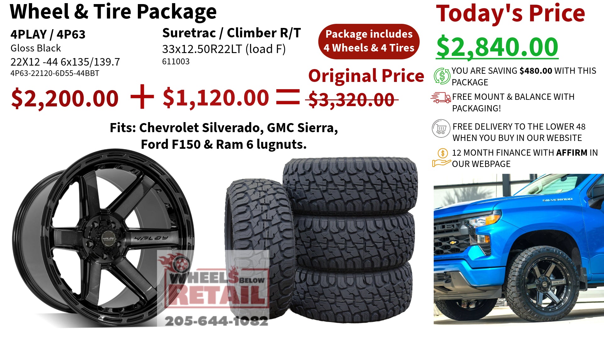 SET OF 4 WHEEL & TIRE PACKAGE | 4Play 4P63 22x12 -44 6x135/6x139.7 Gloss Black | 33x12.50R22 SureTrac Wide Climber R/T I