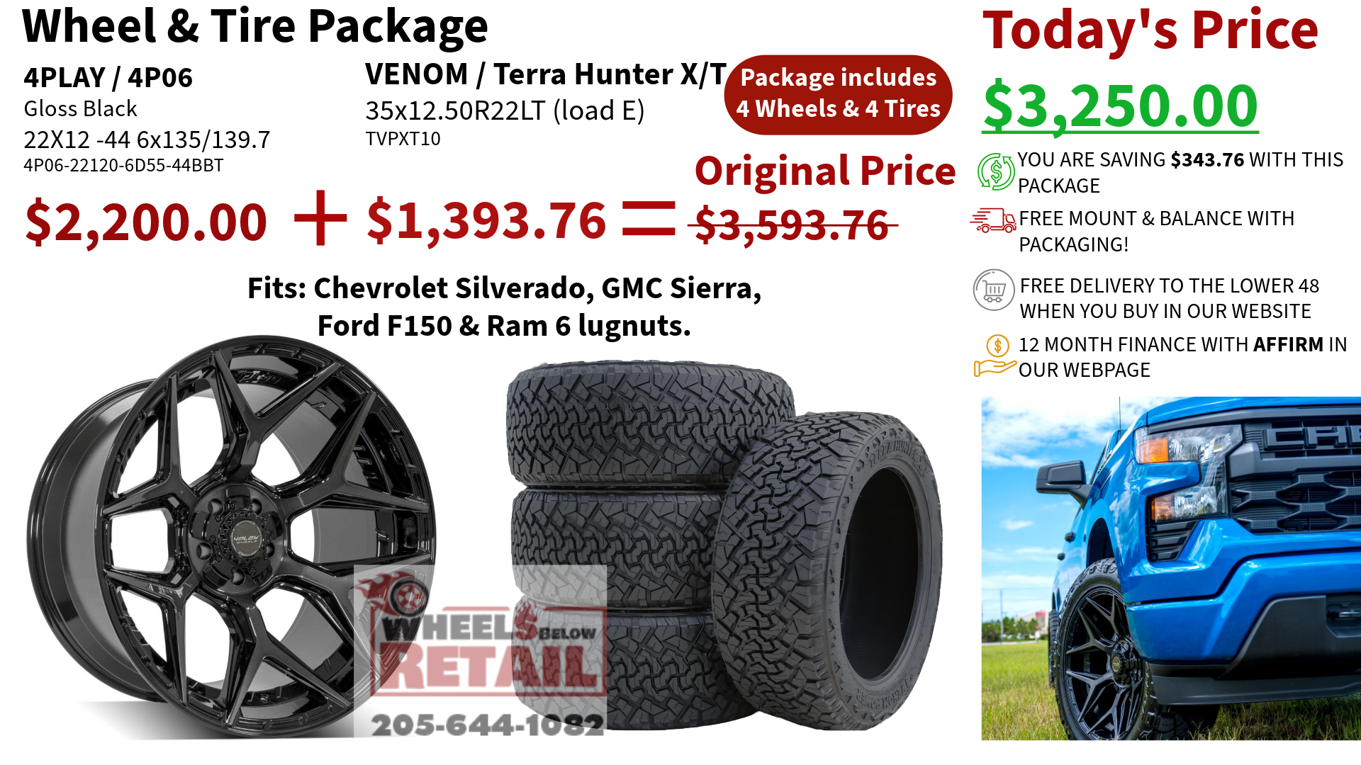 SET OF 4 WHEEL & TIRE PACKAGE | 4Play 4P06 22x12 -44 6x135/6x139.7 Gloss Black | 35x12.50R22LT VENOM POWER TERRA HUNTER X/T