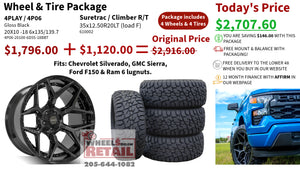 SET OF 4 WHEEL & TIRE PACKAGE | 4Play 4P06 20x10 -18 6x135/6x139.7 Gloss Black | 35x12.50R20LT SureTrac Wide Climber R/T 1