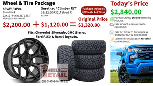 SET OF 4 WHEEL & TIRE PACKAGE | 4Play 4P06 22x12 -44 6x135/6x139.7 Gloss Black | 35x12.50R22LT SureTrac Wide Climber R/T I