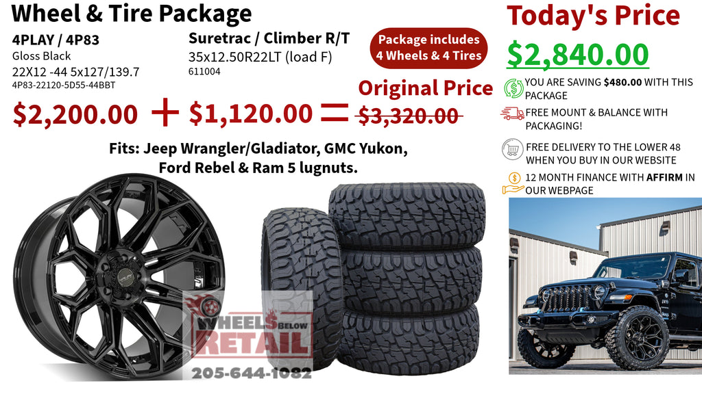 SET OF 4 WHEEL & TIRE PACKAGE | 4Play 4P83 22x12 -44 5x127/5x139.7 Gloss Black | 35x12.50R22 SureTrac Wide Climber R/T I