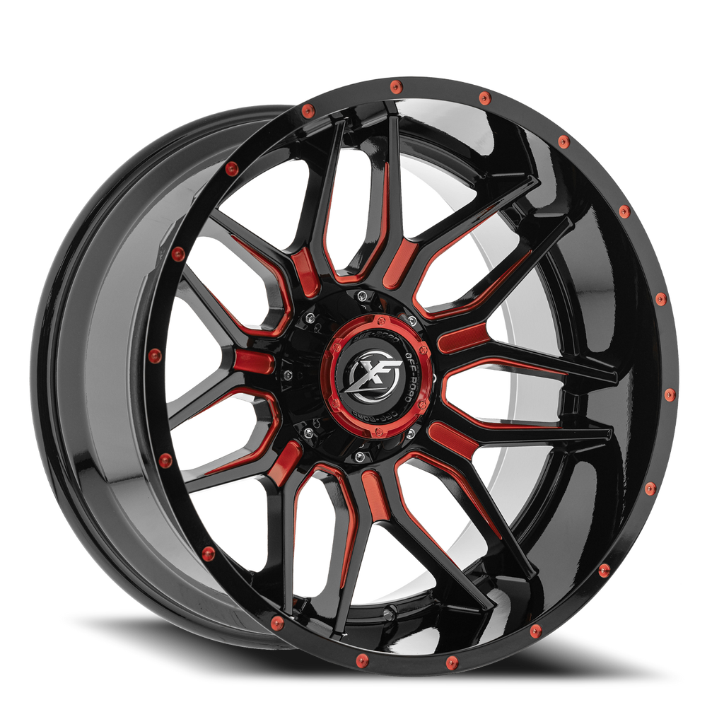 XF OFF-ROAD XF-222 22X12 -44 5X127/5X139.7 GLOSS BLACK & RED MILLED