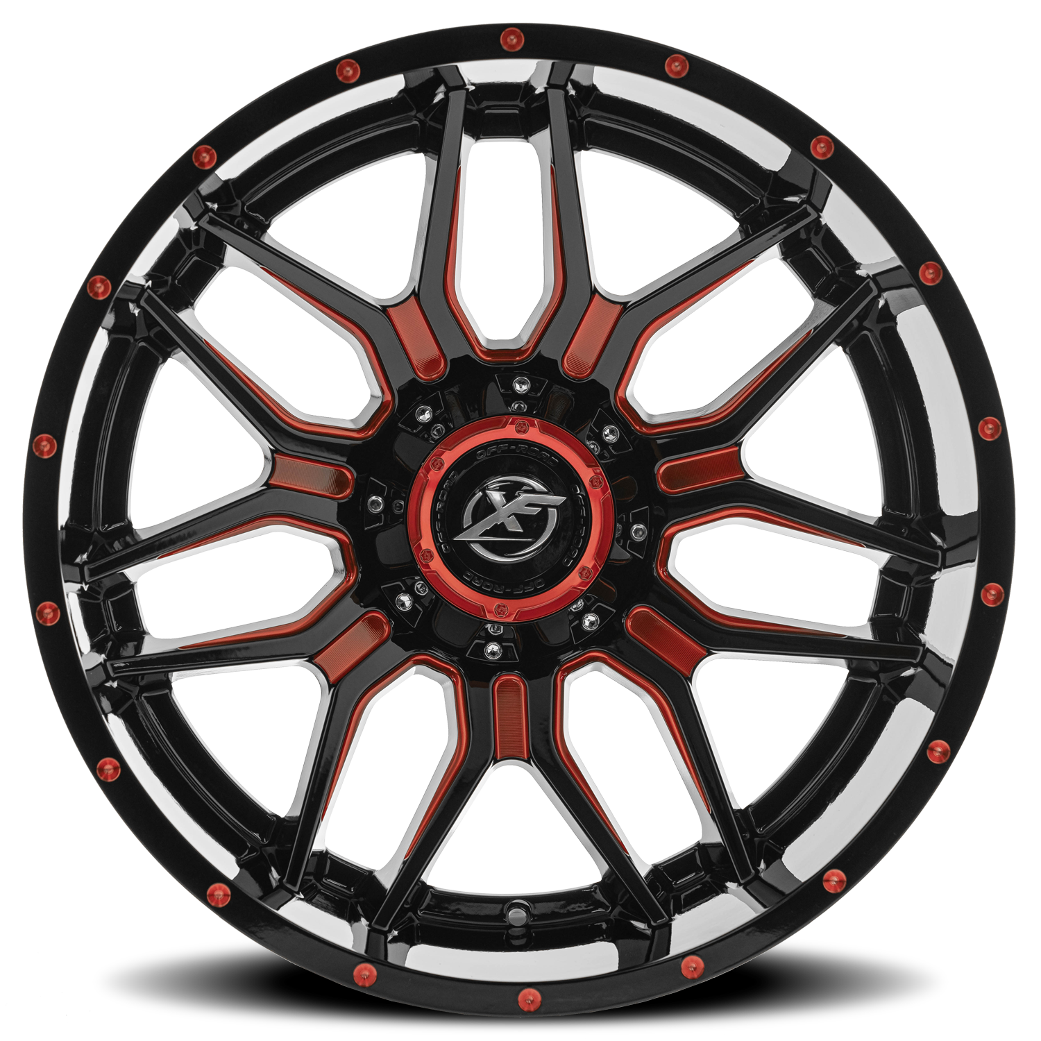 XF OFF-ROAD XF-222 20X9 12 6X135/6X139.7 GLOSS BLACK & RED MILLED