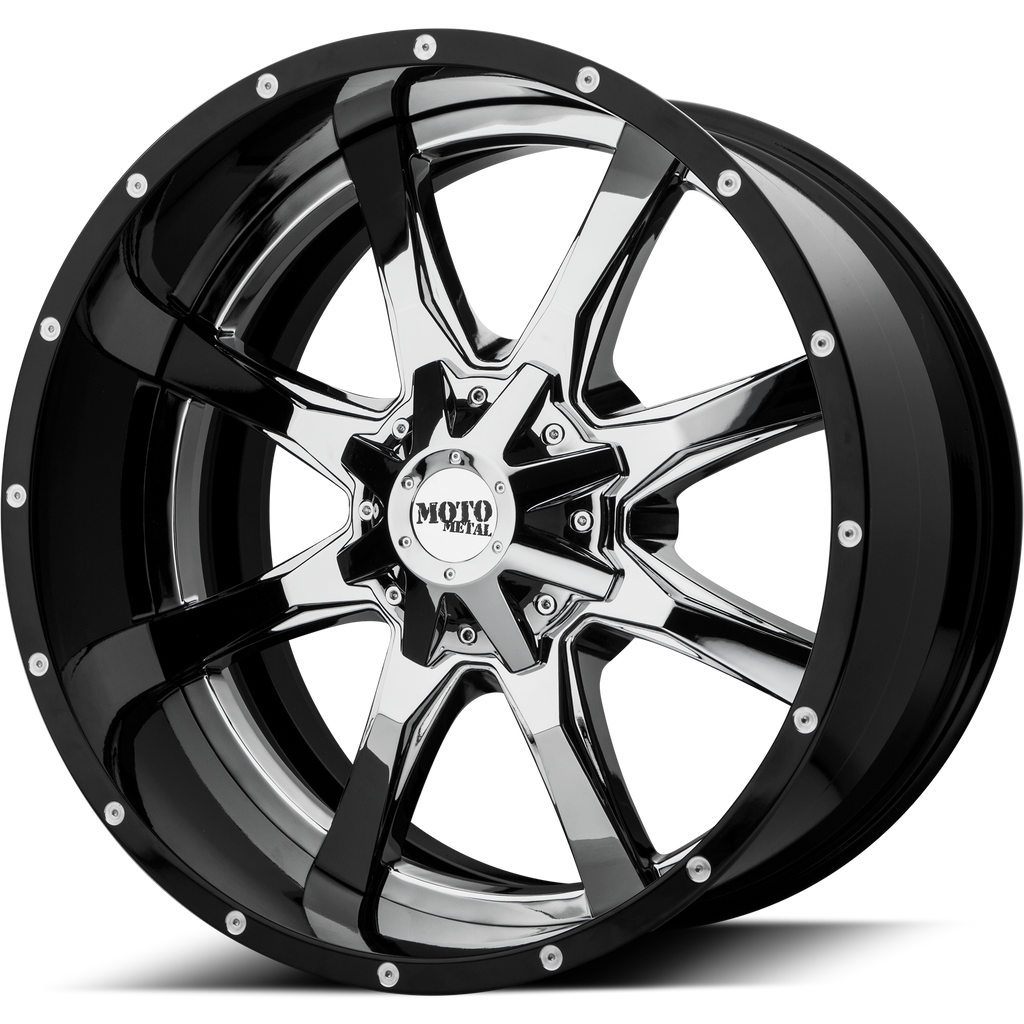 Moto Metal MO201 20X12 -44 6X135/6X5.3/6X139.7/6X5.5 Chrome Center Gloss Black Milled Lip