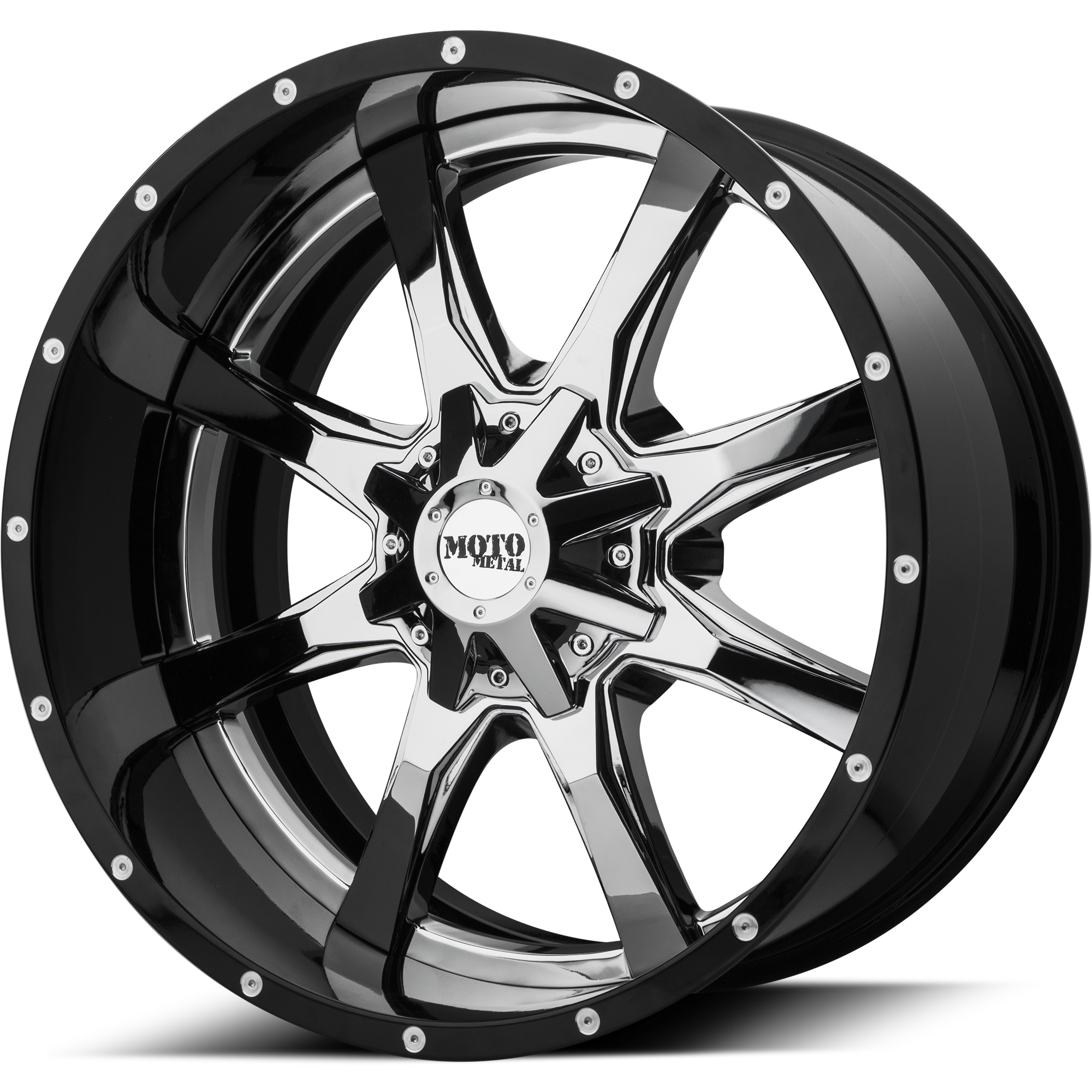 Moto Metal MO201 20X12 -44 6X135/6X5.3/6X139.7/6X5.5 Chrome Center Gloss Black Milled Lip