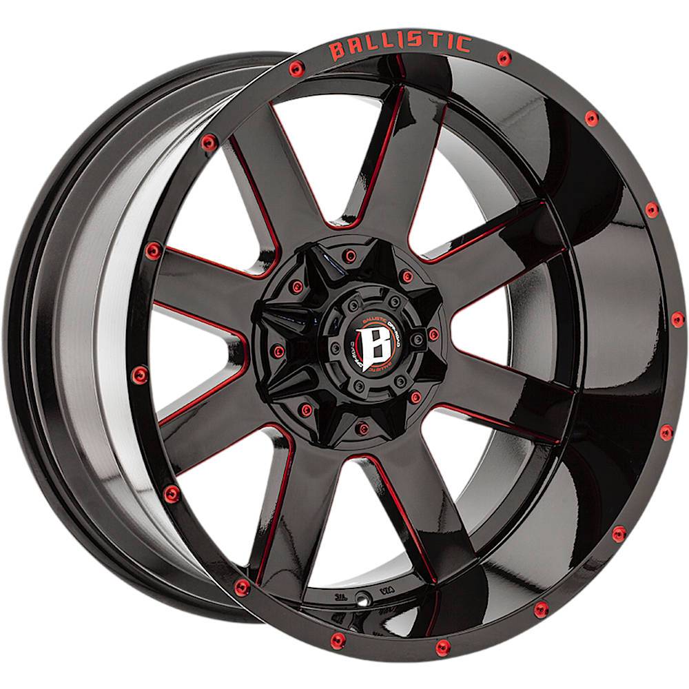 BALLISTIC 959-RAGE 20X12 8X165.1/170  -44 GLOSS BLACK W/RED MILLED WINDOWS